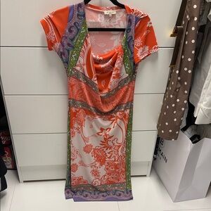 Etro Orange, Purple & Green Printed Draped Neck Dress